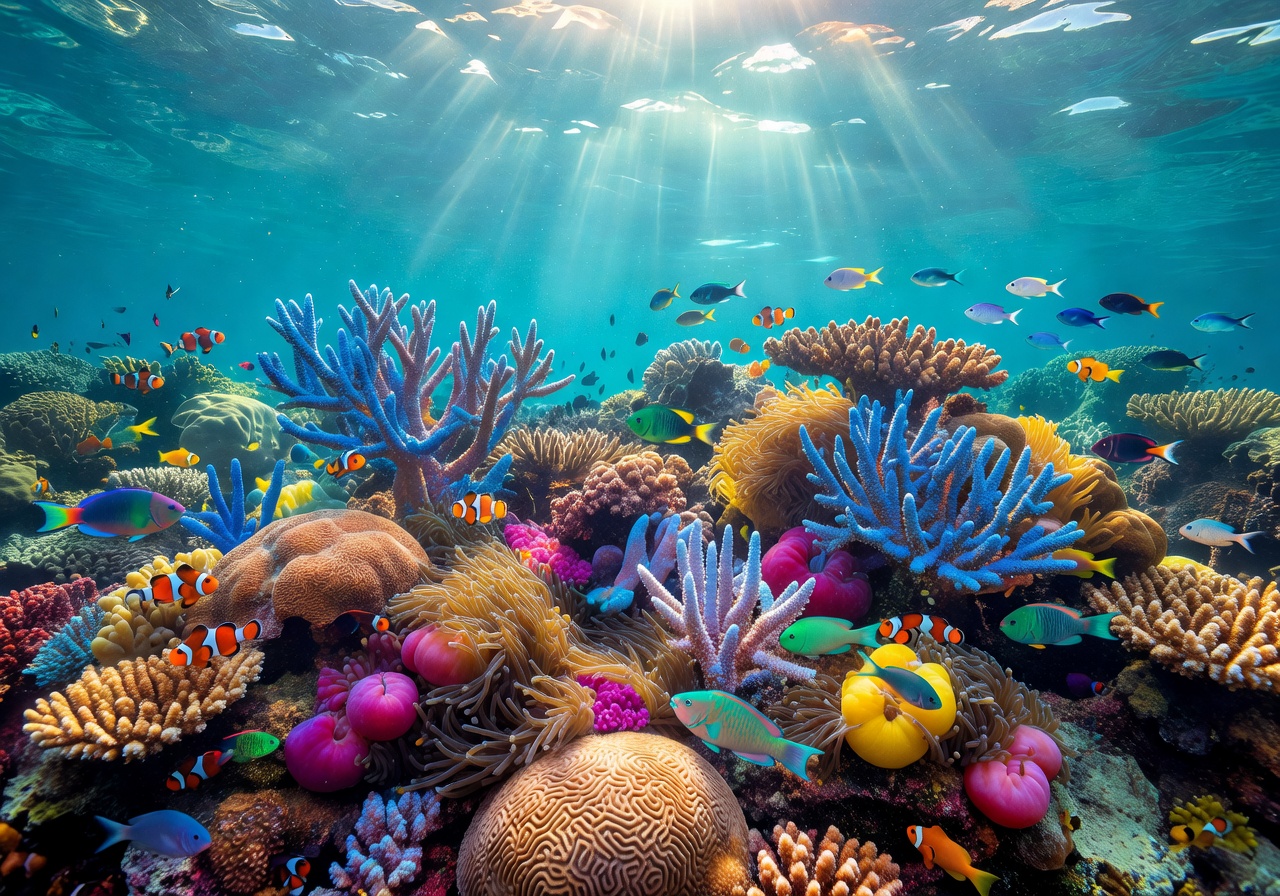 Beautiful coral reef ecosystem bathed in ocean light